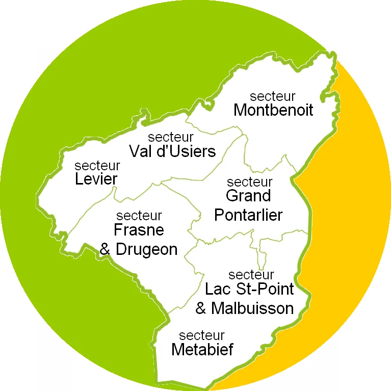 Carte des sept secteurs d’intervention de Phil-iT : Pontarlier, Levier, Val d’Usiers, Montbenoît, Frasne, Malbuisson et Métabief